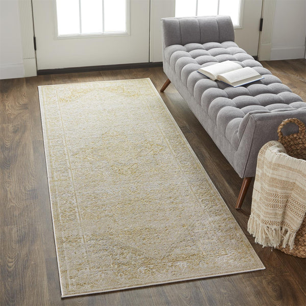 Homeroots 8' Gold And Ivory Medallion Power Loom Runner Rug  Polypropylene,Polyester 512944