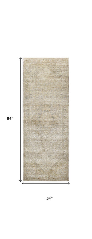 Homeroots 8' Gold And Ivory Medallion Power Loom Runner Rug  Polypropylene,Polyester 512944