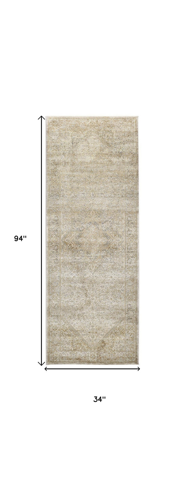 Homeroots 8' Gold And Ivory Medallion Power Loom Runner Rug  Polypropylene,Polyester 512944