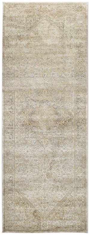 Homeroots 8' Gold And Ivory Medallion Power Loom Runner Rug  Polypropylene,Polyester 512944