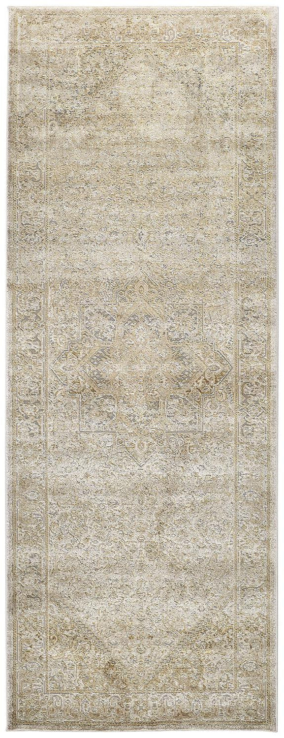 Homeroots 8' Gold And Ivory Medallion Power Loom Runner Rug  Polypropylene,Polyester 512944