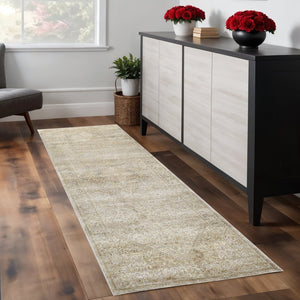 HomeRoots 4' Gold and Ivory Floral Medallion Area Rug - Timeless Elegance for Any Room with Durable Quality 8' Runner 512944