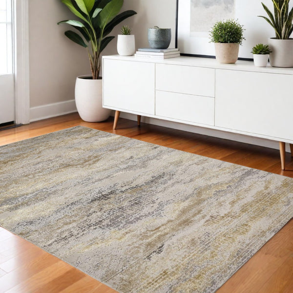 HomeRoots 4' Modern Abstract Area Rug in Gold, Gray & Ivory – Durable, Stylish, Perfect for Any Room 4' X 6' 512945