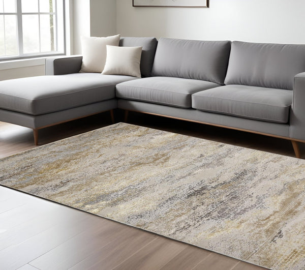 HomeRoots 4' Modern Abstract Area Rug in Gold, Gray & Ivory – Durable, Stylish, Perfect for Any Room 8' X 10' 512947