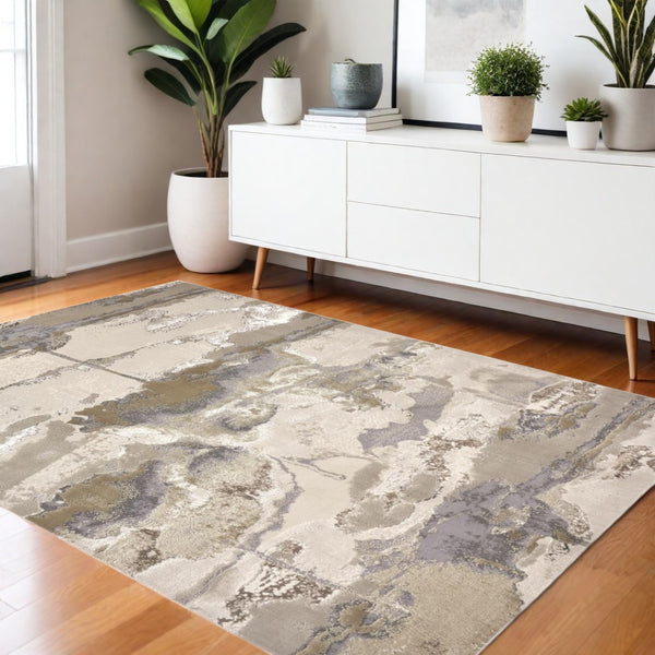 HomeRoots 4' Modern Abstract Area Rug in Soft Ivory, Brown, and Gray – Durable, Stylish, Low-Pile Design 4' X 6' 512967