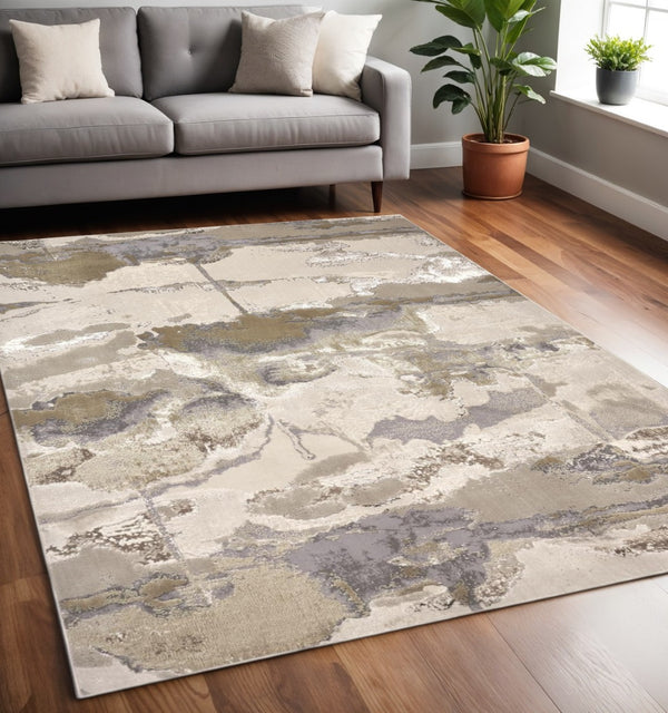 HomeRoots 4' Modern Abstract Area Rug in Soft Ivory, Brown, and Gray – Durable, Stylish, Low-Pile Design 5' X 8' 512968