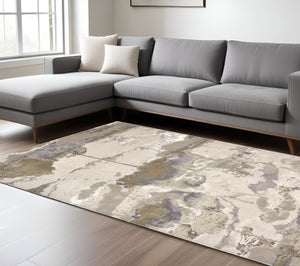 HomeRoots 4' Modern Abstract Area Rug in Soft Ivory, Brown, and Gray – Durable, Stylish, Low-Pile Design 7' X 10' 512969