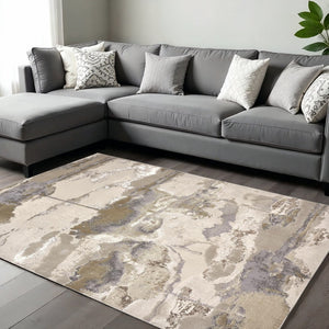 HomeRoots 4' Modern Abstract Area Rug in Soft Ivory, Brown, and Gray – Durable, Stylish, Low-Pile Design 9' X 12' 512970