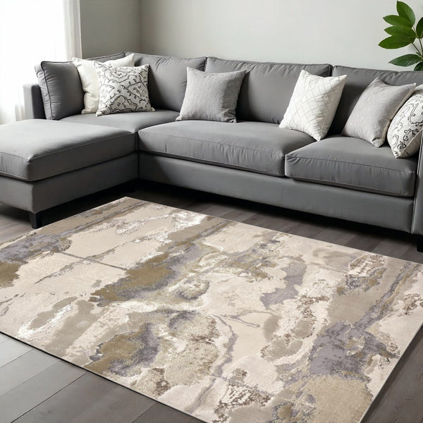 HomeRoots 4' Modern Abstract Area Rug in Soft Ivory, Brown, and Gray – Durable, Stylish, Low-Pile Design 10' X 13' 512972