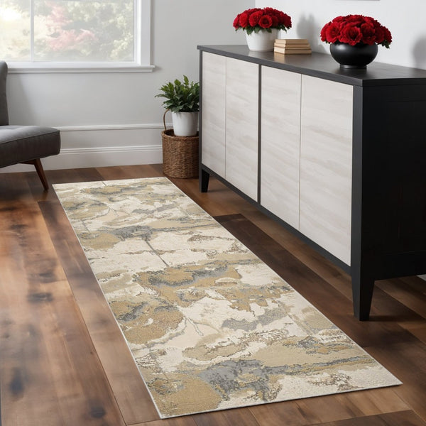 HomeRoots 4' Modern Abstract Area Rug in Soft Ivory, Brown, and Gray – Durable, Stylish, Low-Pile Design 8' Runner 512973