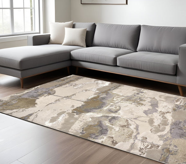 HomeRoots 4' Modern Abstract Area Rug in Soft Ivory, Brown, and Gray – Durable, Stylish, Low-Pile Design 12' X 15' 512974