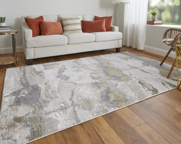 HomeRoots 4' Modern Abstract Area Rug in Soft Ivory, Brown, and Gray – Durable, Stylish, Low-Pile Design 12' X 18' 512975