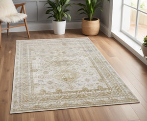 HomeRoots 4' Elegant Gold and Ivory Floral Area Rug - Non-Skid, Soft, Low-Profile Design for Any Room 4' X 6' 512977