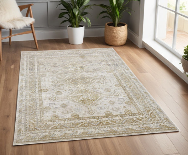 HomeRoots 4' Elegant Gold and Ivory Floral Area Rug - Non-Skid, Soft, Low-Profile Design for Any Room 4' X 6' 512977