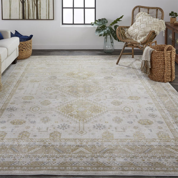 HomeRoots 4' Elegant Gold and Ivory Floral Area Rug - Non-Skid, Soft, Low-Profile Design for Any Room 4' X 6' 512977