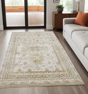 HomeRoots 4' Elegant Gold and Ivory Floral Area Rug - Non-Skid, Soft, Low-Profile Design for Any Room 5' X 8' 512978