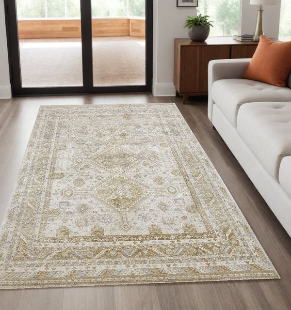 HomeRoots 4' Elegant Gold and Ivory Floral Area Rug - Non-Skid, Soft, Low-Profile Design for Any Room 5' X 8' 512978