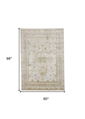 HomeRoots 4' Elegant Gold and Ivory Floral Area Rug - Non-Skid, Soft, Low-Profile Design for Any Room 5' X 8' 512978