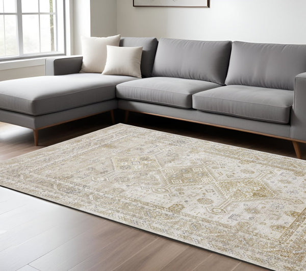 HomeRoots 4' Elegant Gold and Ivory Floral Area Rug - Non-Skid, Soft, Low-Profile Design for Any Room 8' X 10' 512979