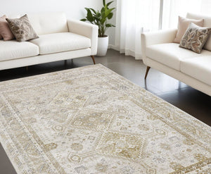 HomeRoots 4' Elegant Gold and Ivory Floral Area Rug - Non-Skid, Soft, Low-Profile Design for Any Room 7' X 10' 512980
