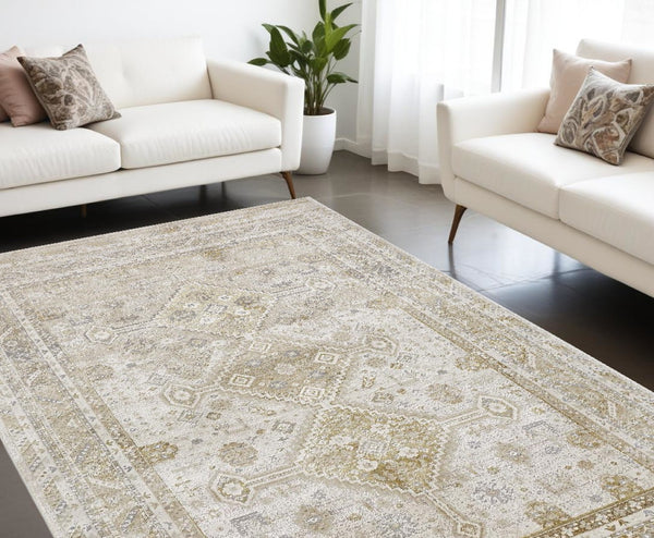 HomeRoots 4' Elegant Gold and Ivory Floral Area Rug - Non-Skid, Soft, Low-Profile Design for Any Room 7' X 10' 512980
