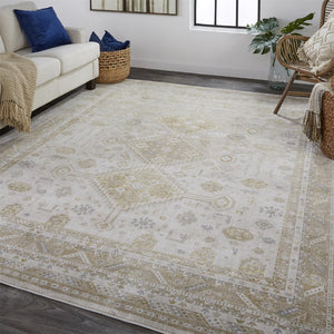 HomeRoots 4' Elegant Gold and Ivory Floral Area Rug - Non-Skid, Soft, Low-Profile Design for Any Room 9' X 12' 512981