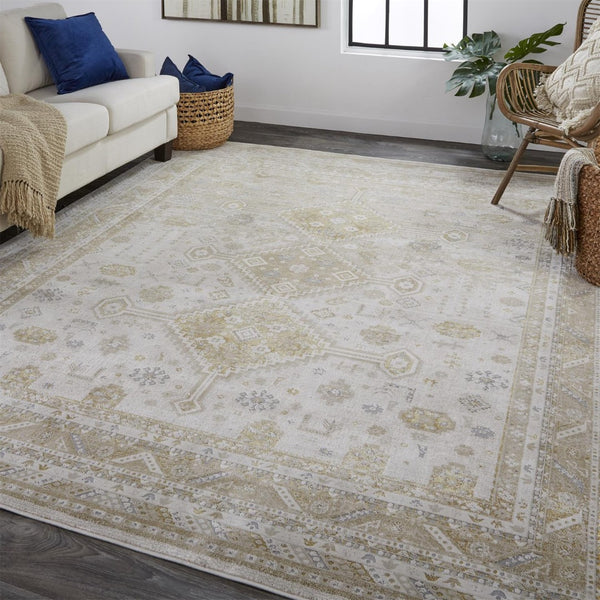 HomeRoots 4' Elegant Gold and Ivory Floral Area Rug - Non-Skid, Soft, Low-Profile Design for Any Room 9' X 12' 512981