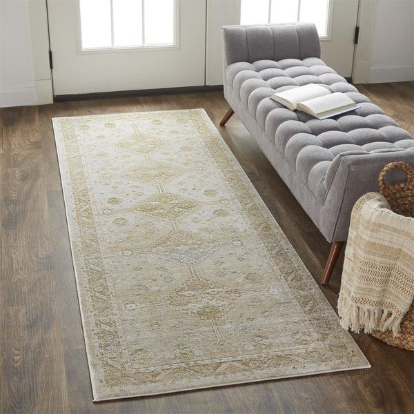 HomeRoots 4' Elegant Gold and Ivory Floral Area Rug - Non-Skid, Soft, Low-Profile Design for Any Room 8' Runner 512984