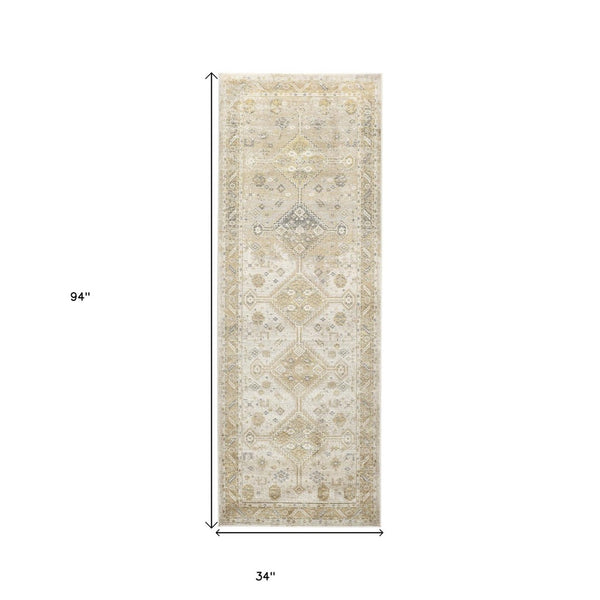 HomeRoots 4' Elegant Gold and Ivory Floral Area Rug - Non-Skid, Soft, Low-Profile Design for Any Room 8' Runner 512984
