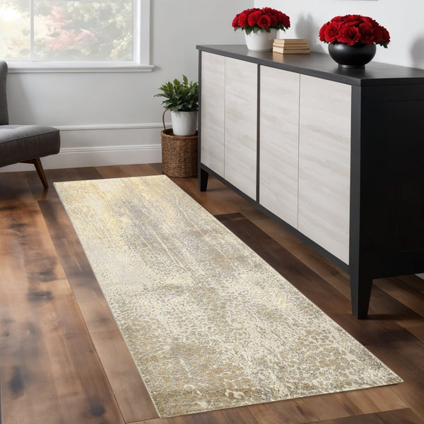 HomeRoots 4' Contemporary Gold Gray Ivory Abstract Area Rug for Modern Living Spaces - Durable & Stylish Design 8' Runner 512991