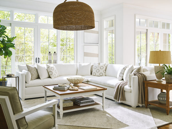 Lexington Barclay Butera Temple Square Cocktail Table With Raised Gallery Edge And Woven Cane Shelf For Cozy Living Spaces Tides  935-945