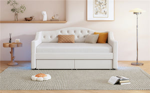 English Elm Upholstered Twin XL Daybed with LED Belt and Two Underbed Drawers, Linen Backrest, Modern Storage Elegance Beige DL002060AAA