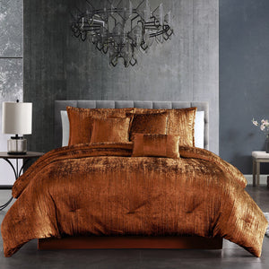 English Elm Turin Luxe 7-Piece Comforter Set King with Crinkle Velvet Texture, Bed Skirt, Shams & Pillows Spice B340P341996
