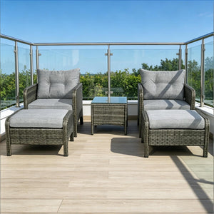 English Elm 5 Piece Pe Wicker Patio Lounge Set with Armchairs Ottomans and Glass Coffee Table T3971S00235