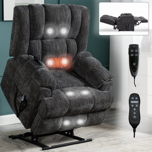 English Elm Dual Motor Power Lift Recliner Chenille Chair with Massage Heat and Infinite Positions Grey W3224P288492