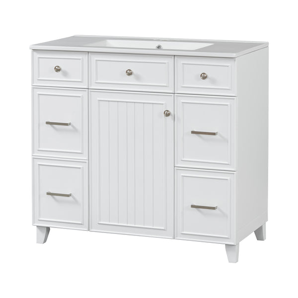 English Elm 36" 36-inch Transitional Bathroom Vanity with Ceramic Basin, Solid Wood Frame, Soft-Close Storage Elegance White N729P255663K