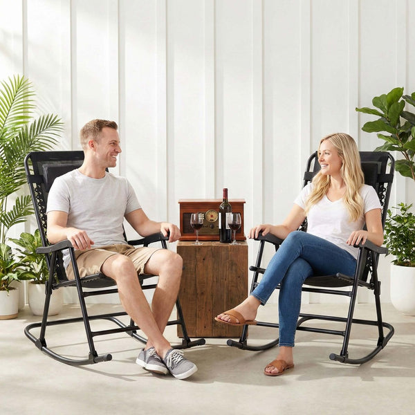 English Elm Patio Folding Rocking Chairs Set of 2 with Mesh Seat and Adjustable Headrest W5159P451092