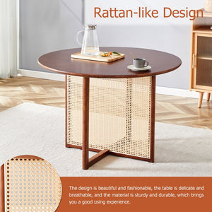 English Elm Chinese Solid Wood Round Table - Rustic Walnut Finish With Imitation Rattan | Versatile & Easy Assembly! W1151P154828