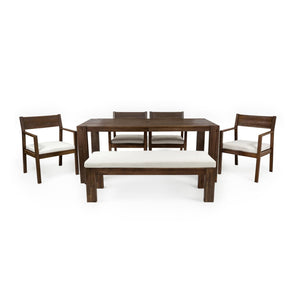 English Elm Trexm Outdoor Acacia Wood Dining Set Seats Six with Umbrella Hole and Cushioned Bench Beige,Mocha TM000028AAP
