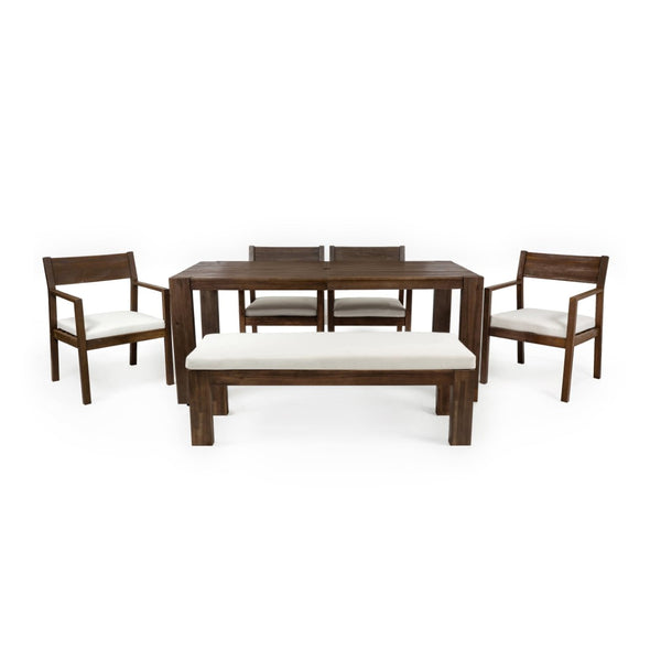 English Elm Trexm Outdoor Acacia Wood Dining Set Seats Six with Umbrella Hole and Cushioned Bench Beige,Mocha TM000028AAP