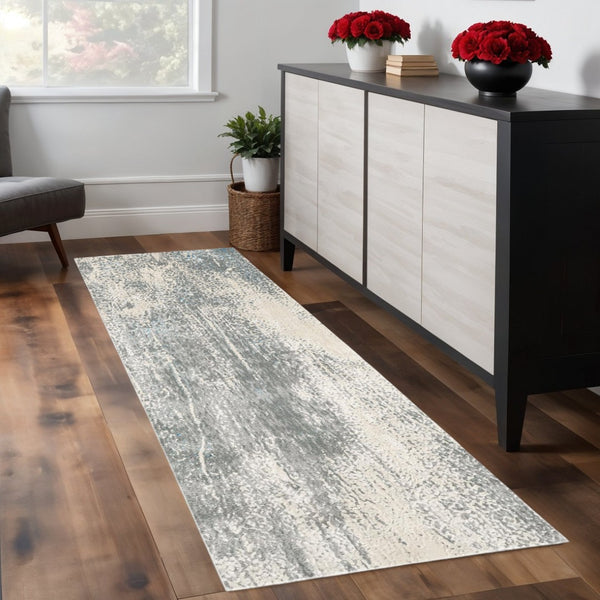 HomeRoots 4' Contemporary Abstract Area Rug in Ivory, Gray, and Blue – Elevate Your Living Space Elegantly 8' Runner 513001