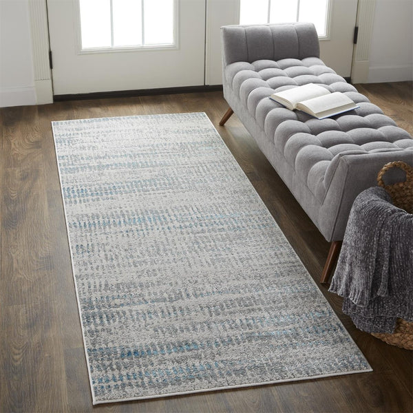 HomeRoots 4' Contemporary Ivory Gray and Blue Abstract Area Rug – Soft, Durable, and Stylish for Any Room 8' Runner 513011