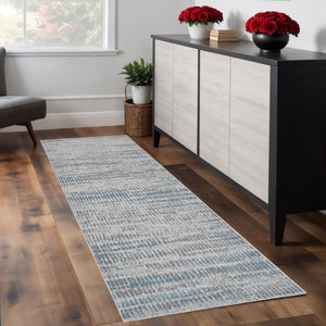 HomeRoots 4' Contemporary Ivory Gray and Blue Abstract Area Rug – Soft, Durable, and Stylish for Any Room 8' Runner 513011