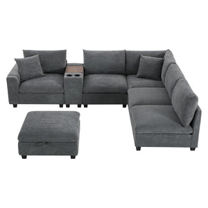 English Elm 139'' U-shaped Corduroy Sectional with Ottoman Console Usb Port and Cup Holders for Living Gray N723S1166E