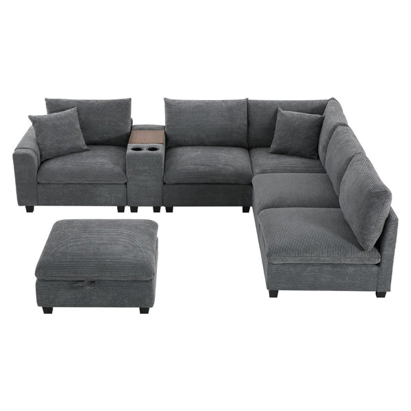 English Elm 139'' U-shaped Corduroy Sectional with Ottoman Console Usb Port and Cup Holders for Living Gray N723S1166E