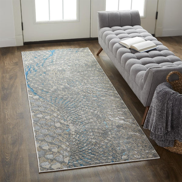 HomeRoots 4' Blue and Gray Geometric Area Rug - Stylish Modern Design for Living Rooms and Home Offices 8' Runner 513022