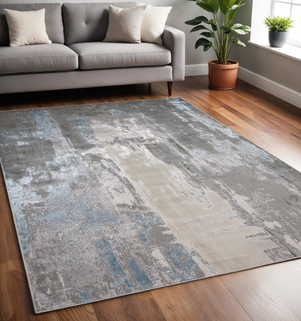 HomeRoots 4' Modern Abstract Area Rug in Gray, Ivory, and Blue - Stylish, Durable Design for Any Room 5' X 8' 513035