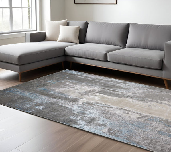 HomeRoots 4' Modern Abstract Area Rug in Gray, Ivory, and Blue - Stylish, Durable Design for Any Room 7' X 10' 513037