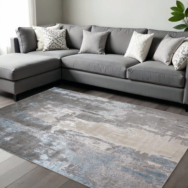 HomeRoots 4' Modern Abstract Area Rug in Gray, Ivory, and Blue - Stylish, Durable Design for Any Room 9' X 12' 513038