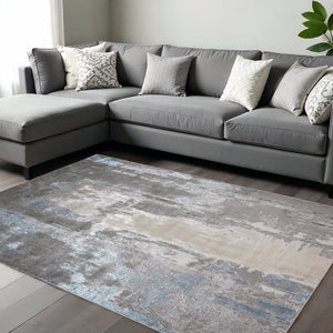 HomeRoots 4' Modern Abstract Area Rug in Gray, Ivory, and Blue - Stylish, Durable Design for Any Room 10' X 13' 513040